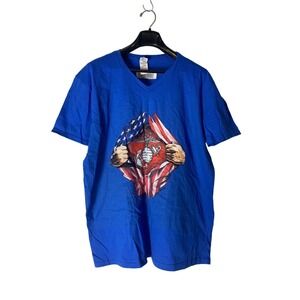 Gildan Men's V-Neck Graphic T-Shirt Short Sleeves Blue Size XL Tee‎ Cotton